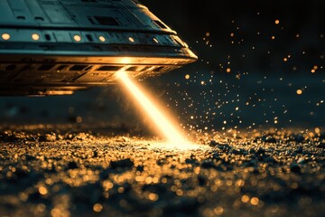 Poster - Dramatic portrayal of a UFO beaming down a bright light onto a rocky surface, creating a captivating, mysterious atmosphere with shimmering, otherworldly particles.