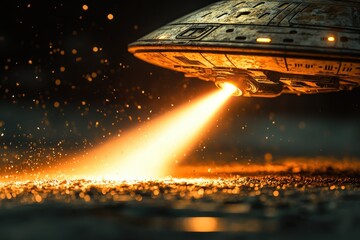Aufkleber - A futuristic, close-up image of a UFO emitting a bright, golden beam towards the ground, casting light on the metallic surface below in a high-tech, science fiction setting.