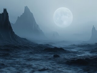 Wall Mural - ethereal moonscape with jagged peaks and misty valleys creating a serene and otherworldly atmosphere