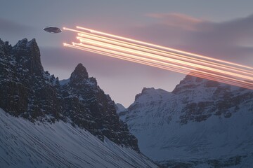 Aufkleber - An unidentified flying object speeds past snow-covered mountains emitting bright light trails, set against a dusk sky, creating a captivating and mysterious visual.