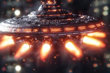 Aufkleber - A futuristic UFO soars with powerful engine thrusts, showcasing advanced alien technology, mysterious and otherworldly, perfect for sci-fi and cinematic visuals.