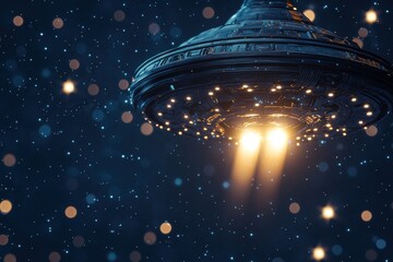 Aufkleber - A striking close-up of a UFO emitting bright beams of light against a starry night sky, creating an otherworldly, mysterious atmosphere and hinting at extraterrestrial presence.