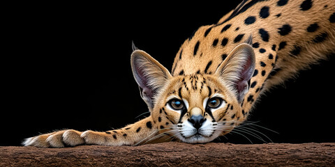 Canvas Print - Serval Cat on Log with Black Background