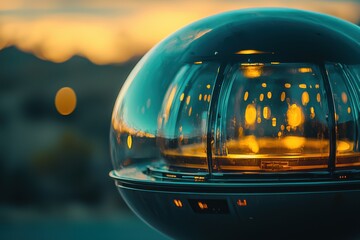 Poster - Close-up of a futuristic light fixture with a glossy dome against a blurred landscape during sunset, reflecting warm colors, capturing a serene and innovative atmosphere.
