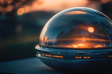 Poster - A mesmerizing close-up of a futuristic light fixture, capturing the serene glow of sunset reflections on a glossy, dome-shaped surface, radiating warmth and innovation.