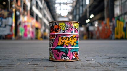 Poster - A graffiti-covered barrel stands prominently in the center of an industrial urban setting, featuring vibrant colors and lettering