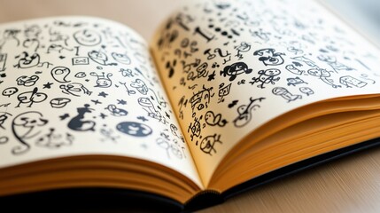 Poster - A whimsical open book displays a chaotic array of hand-drawn doodles, ranging from abstract shapes to rudimentary figures, against a backdrop of lined paper