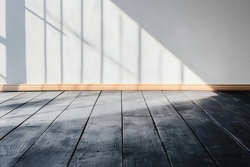 Poster - Interior Sunlight Streaming Through Window Casting Shadows on White Wall and Dark Wooden Floorboards Creates Serene and Minimalist Atmosphere