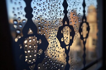Poster - Raindrops cling to a decorative glass panel, distorting the view of the outside world, casting soft light and blurred shapes through an artistic window.