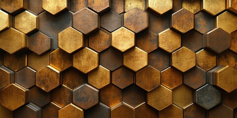 Poster - Decorative hexagonal wall panels with a rich texture and varying shades of brown and gold