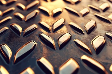 Poster - Intricate metal surface featuring a raised pattern catches soft, warm light, showcasing the beauty of industrial design and textures. Generative AI