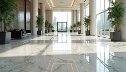 Poster - Luxury office building lobby interior with shiny marble floor. Contemporary corporate hall design with column. Spacious light commercial space with green plants, sofa, windows. Cleanliness, pro