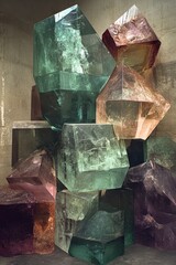 Poster - Captivating Still Life of Transparent Geometric Crystal Formations Stacked Against a Textured Concrete Wall Artistic Composition