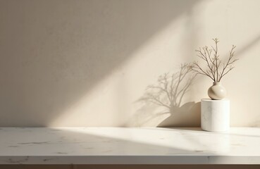 Poster - Monochrome minimalist interior with empty marble table and white vase. Wall mockup, product showcase. Sunlight casts tree branch shadows. Promotion background for minimal lifestyle, beauty blogging.