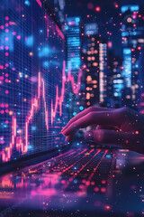 Poster - A hand interacts with a laptop displaying vibrant financial data against a blurred cityscape backdrop.