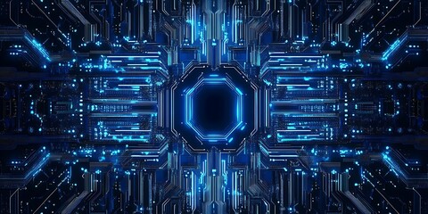 Poster - Futuristic circuit board background with intricate neon blue patterns and designs. Circuit board with glowing neon lines and geometric patterns.