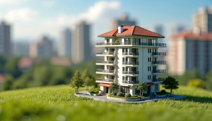 Poster - Miniature model of multi-story apartment building with balconies on green grass hill. Blurred cityscape background. Real estate investment concept, home purchase, construction business, mortgage