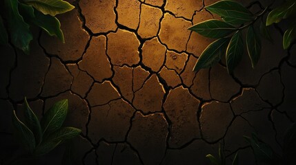 Poster - Dark Cracked Earth Surrounded By Lush Green Leaves