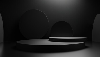 Poster - Abstract Composition With Black Showcase Pedestal And Geometric Shapes On Floor: Platforms For Product Presentation With Copy Space.