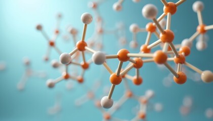 Poster - Detailed close-up of molecular structure featuring chemical bonds. Orange, white atom connections forming on blue background. Scientific illustration emphasizing chemistry engineering, molecular