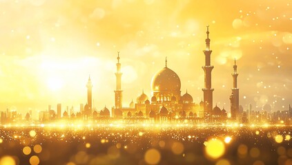 Canvas Print - Golden mosque silhouette in sunny Dubai morning. Religious holiday background