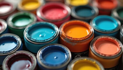 Poster - Various jars filled with vibrant paint colors arranged. Perfect for backgrounds, illustrations, graphic design projects, creative content, or any visual needing a splash of color and artistic touch.