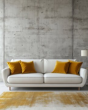 Bright Interior Scene Featuring a Modern White Sofa with Yellow Pillows Against a Concrete Wall