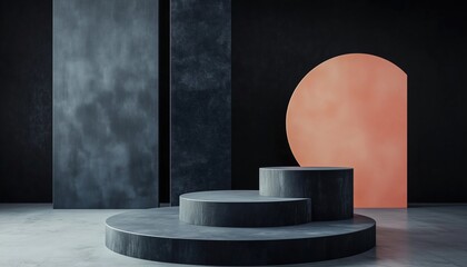 Poster - Dark Black Geometric Shapes: Podium On The Floor For Product Presentation In Studio. Abstract Composition With Showcase, Pedestal, And Ample Copy Space.