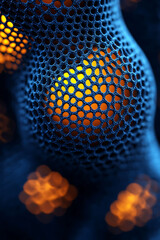 Poster - abstract 3d render of a dark blue, textured, honeycomblike structure. glowing orange light filters t