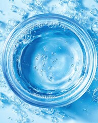 Poster - Refreshing Hydration A Glass Bowl Filled with Crystal Clear Water and Floating Bubbles on Blue Background