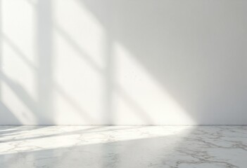 Aufkleber - Clean empty room with white wall, marble floor, sun light from window. Minimalist backdrop for product presentation, interior design projects. Bright studio with neutral color, modern feel, subtle