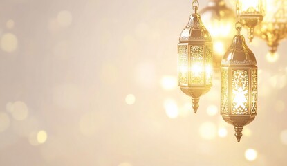 Wall Mural - Gold lanterns glow for celebration, bokeh background, possible greeting use