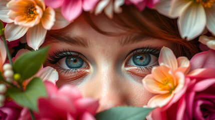 Close-up of blue eyes surrounded by floral elements