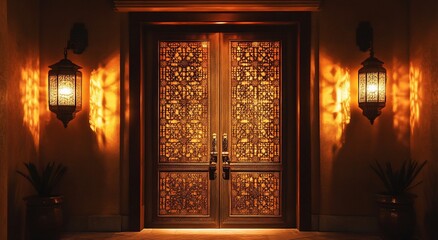 Canvas Print - Ornate doors illuminate entrance with plants and light. Architecture use