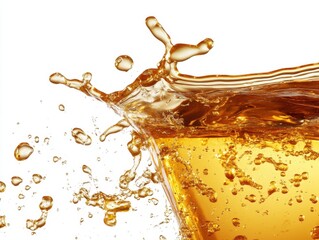 Poster - Refreshing amber liquid splash against white backdrop capturing dynamic movement and golden hue in a clear glass