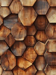 Poster - Rustic Wooden Hexagon Tiles Arranged in a Geometric Pattern Creating a Warm and Textured Wall Covering with a Natural Aesthetic