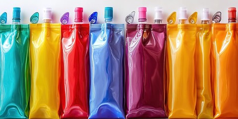 Poster - Colorful squeeze pouches lined up in a row showcasing various vibrant hues and designs in a studio setting