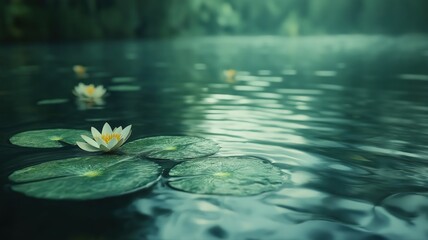 Wall Mural - Serene Water Lilies on a Calm Teal Pond