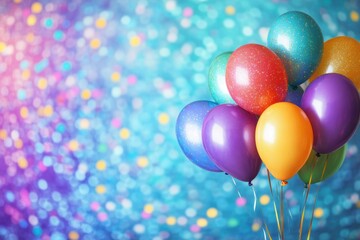 Poster - Festive celebration with colorful balloons against a sparkling bokeh background creating a joyful and vibrant atmosphere perfect for birthdays and parties