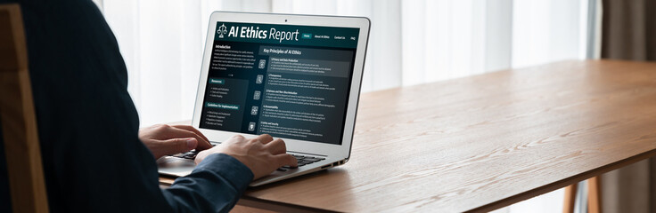 Poster - AI ethics responsibility standard law and rules on computer screen provide report of AI ethic transparency preventing technology crime. brisk