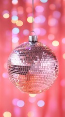 Poster - Shimmering disco ball ornament suspended against a vibrant bokeh background creating a festive mood and a sense of celebration and joy