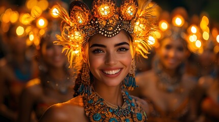 Woman smiling wearing traditional clothes and luminous headdress