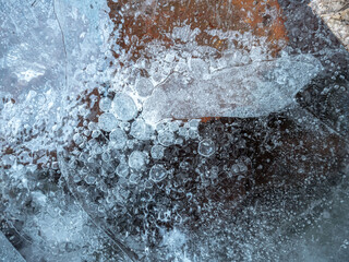 Poster - ice texture with cracks, bubbles and frozen leaves for computer graphics, texturing, compositing or 