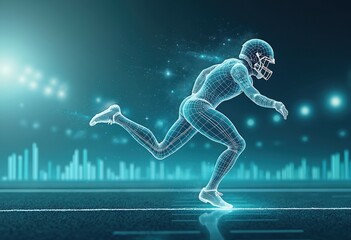 Aufkleber - Illustration of American football player made of lines using AI. Athlete runs on stadium. Coach uses data to create game strategies, to evaluate athlete performance. Sport analytics with artificial