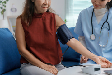 Wall Mural - Nurse measuring blood pressure of senior woman at home