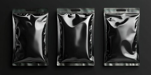 Poster - Three sleek black packaging pouches arranged symmetrically on a dark surface for a modern presentation
