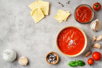 Wall Mural - Fresh tomato sauce preparation with ingredients on a rustic kitchen countertop in early summer