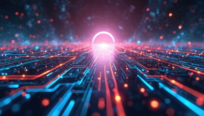 Leinwandbilder - Abstract tech illustration of intricate glowing circuitry with luminous data streams converging on central bright horizon. Blue, red lines. Tech concept of complex digital network, data flow,