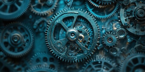 Poster - Intricate gears and cogs in blue tones showcase the beauty of machinery and engineering in a detailed close-up view