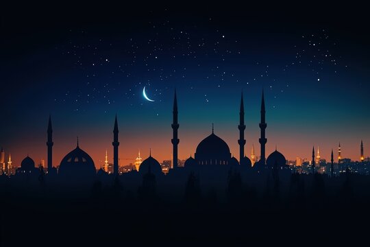 mystical night sky with a starry backdrop and silhouette of a mosque under a celestial glow